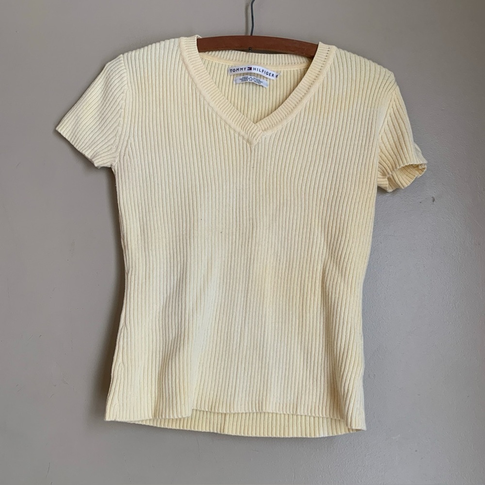 Tommy Hilfiger Sweater Yellow Short Sleeve Small Made In Japan Sleeve Pocket Y2k